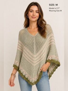 Vertigo Open Knit Poncho Sweater M Boho Crochet Colorblock Cape Shawl